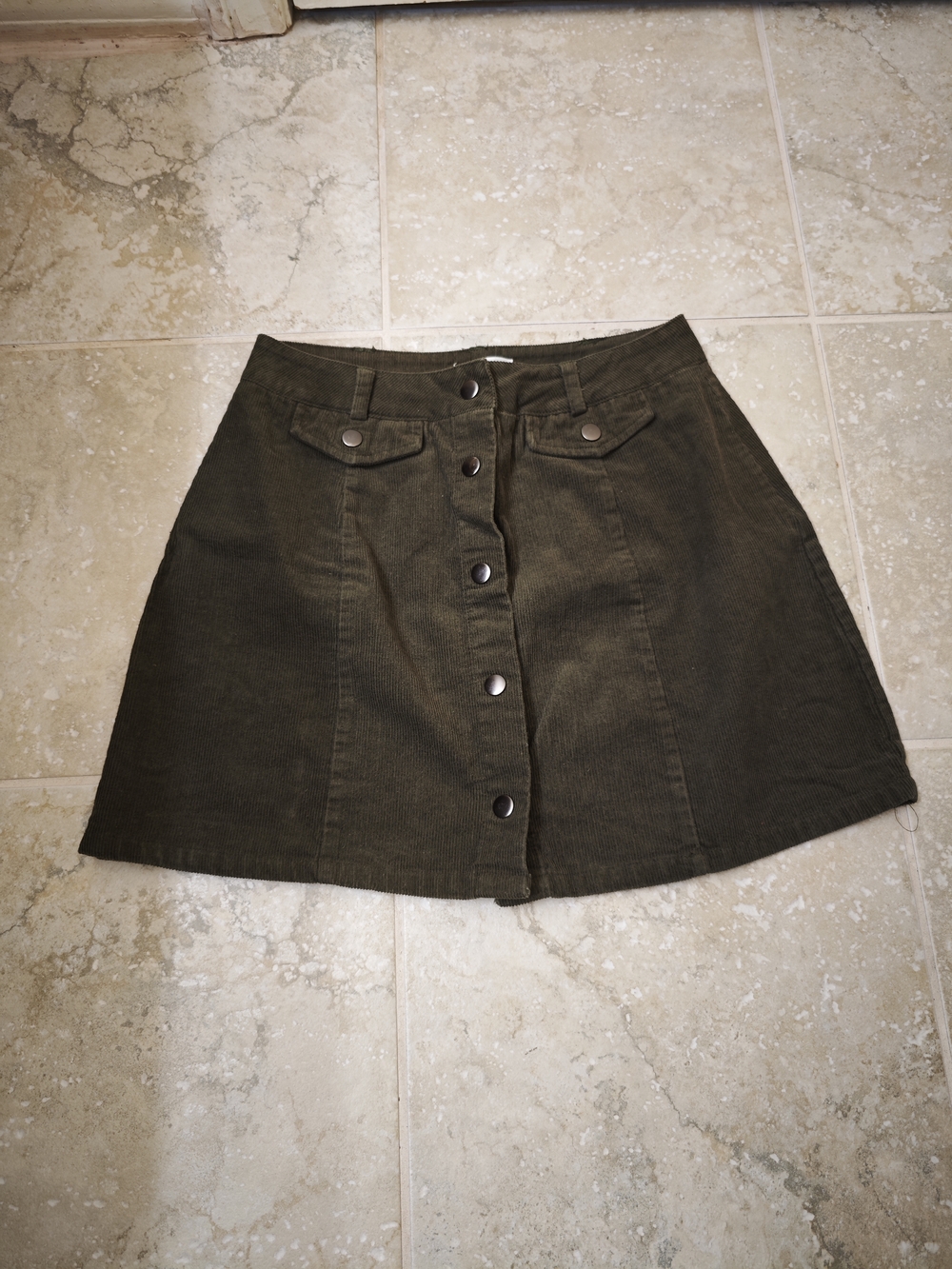 Olive Button-Front A-Line Skirt